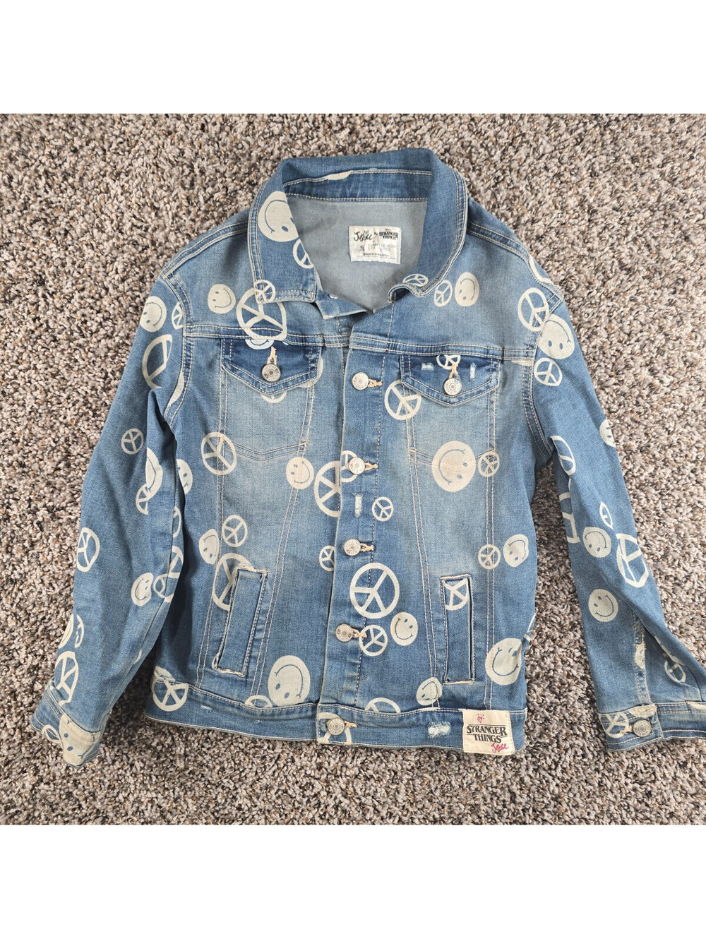 Justice x Stranger Things Girls Sz S Blue Jean Denim Jacket Peace Sign Print